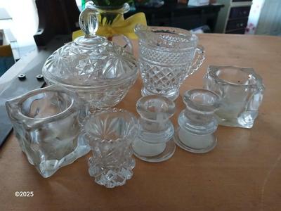 Assortment of glassware - sugar & creamer - candle holders and more