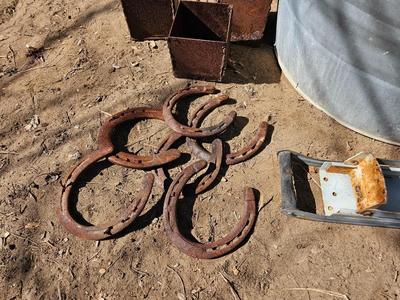 Galvanized tub with an assortment of horseshoes and metal boxes and an old can crsher