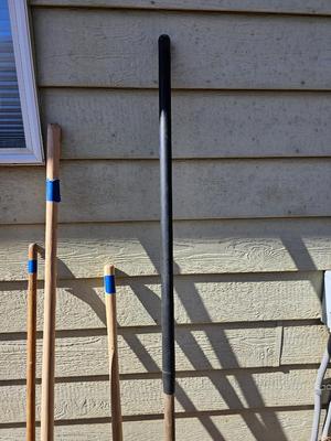 Handheld yard and garden tools - Leaf rake - push broom - weed tool - and two handles