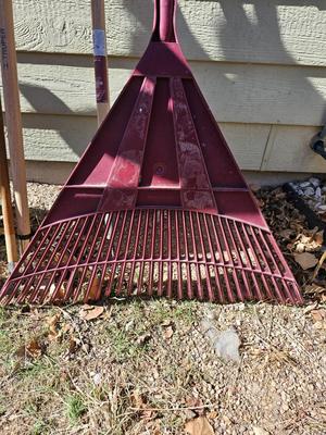 Handheld yard and garden tools - Leaf rake - push broom - weed tool - and two handles
