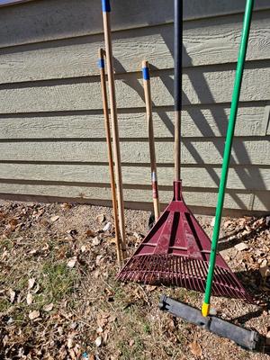 Handheld yard and garden tools - Leaf rake - push broom - weed tool - and two handles