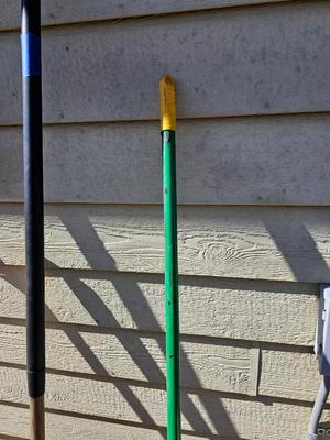 Handheld yard and garden tools - Leaf rake - push broom - weed tool - and two handles