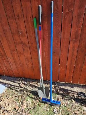 Yard and garden hand tools with fiberglass handles - Shovel -bow rake and 14" scraper tool