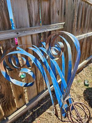 Handmade yard art - Bird and Basket flower - rustic fun one of a kind yard decor