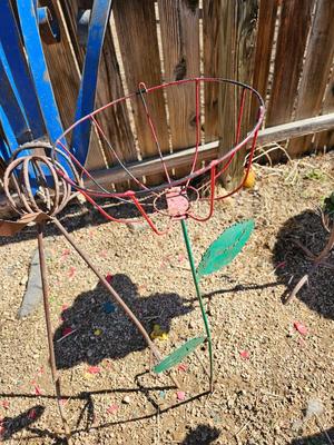 Handmade yard art - Bird and Basket flower - rustic fun one of a kind yard decor