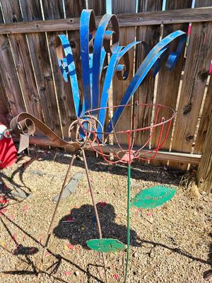 Handmade yard art - Bird and Basket flower - rustic fun one of a kind yard decor