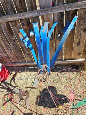 Handmade yard art - Bird and Basket flower - rustic fun one of a kind yard decor