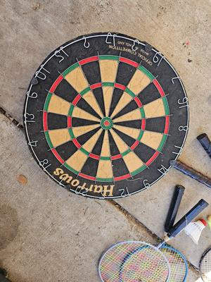 Badminton racquets - birdie - net - and a dart board