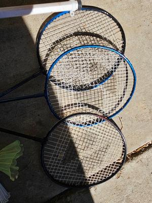Badminton racquets - birdie - net - and a dart board