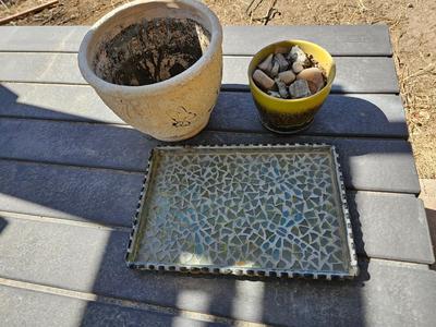 Two nice ceramic flowerpots - planters - pots and a stained-glass tray