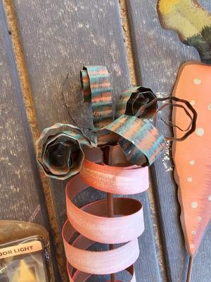 Small yard / garden decor - tin / metal carrots - whirl gigs - metal donkey - new solar light and more