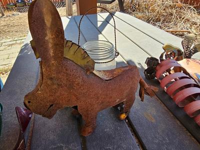Small yard / garden decor - tin / metal carrots - whirl gigs - metal donkey - new solar light and more