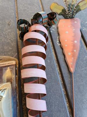 Small yard / garden decor - tin / metal carrots - whirl gigs - metal donkey - new solar light and more