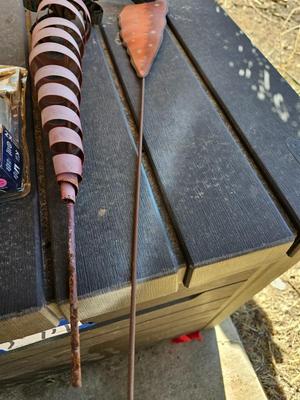 Small yard / garden decor - tin / metal carrots - whirl gigs - metal donkey - new solar light and more