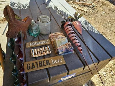 Small yard / garden decor - tin / metal carrots - whirl gigs - metal donkey - new solar light and more