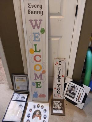 Easter Welcome porch art with I like you sign and picture frames