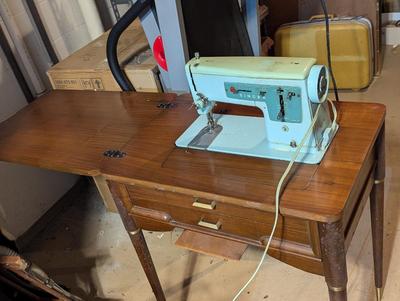 Vintage 1960s Singer Model 337 Sewing Machine Turquoise Blue & Table Made In England
