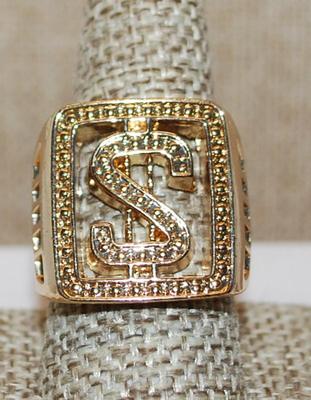Size 9½ Pre-Owned Metal "Dollar Sign" No-Stones Statement Ring on a Very Solid Gold Tone Band (14.1g)