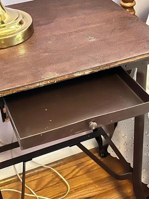 LOT 48Y: Vintage Metal Frame Wood-Top Side Table and Lamp