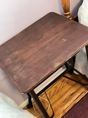 LOT 48Y: Vintage Metal Frame Wood-Top Side Table and Lamp