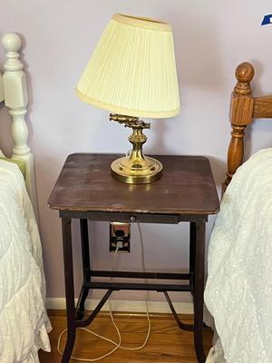 LOT 48Y: Vintage Metal Frame Wood-Top Side Table and Lamp