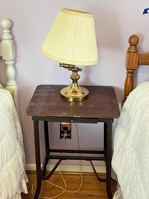LOT 48Y: Vintage Metal Frame Wood-Top Side Table and Lamp