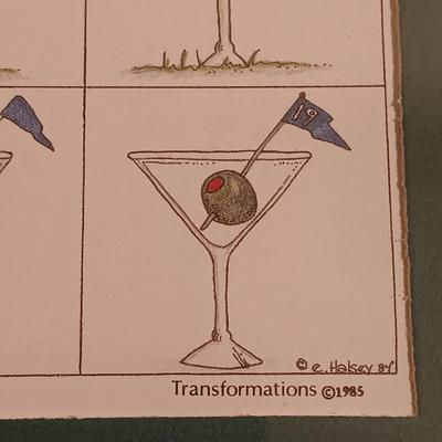 LOT 85B: E. Halsey 'Transformations' Golf Print, Flattened J&B Glass Bottle Art & MCM Decanter Set