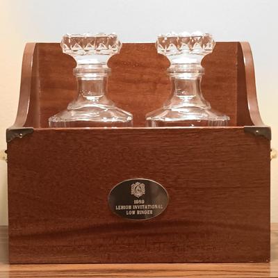 LOT 85B: E. Halsey 'Transformations' Golf Print, Flattened J&B Glass Bottle Art & MCM Decanter Set
