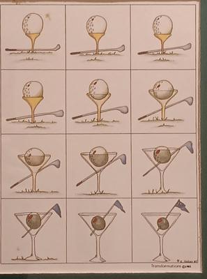 LOT 85B: E. Halsey 'Transformations' Golf Print, Flattened J&B Glass Bottle Art & MCM Decanter Set