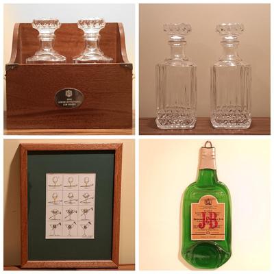 LOT 85B: E. Halsey 'Transformations' Golf Print, Flattened J&B Glass Bottle Art & MCM Decanter Set