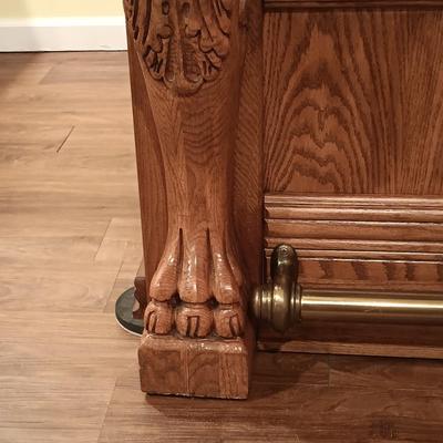 LOT 86B: Vintage Lion Head Oak Bar with Brass Top and Footrest & Set of (2) Swivel Oak Bar Stools