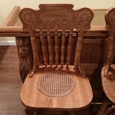 LOT 86B: Vintage Lion Head Oak Bar with Brass Top and Footrest & Set of (2) Swivel Oak Bar Stools