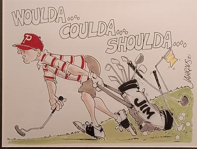 LOT 92B: Cartoons by Jahraus 'Woulda, Coulda, Shoulda' Golfer Print w/ Scotland Run Golf Course Photo Art