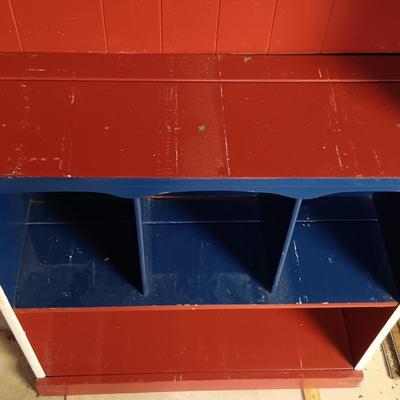 LOT 104B: Red, White and Blue Solid Wood Desk and Set of (2) Bookshelves