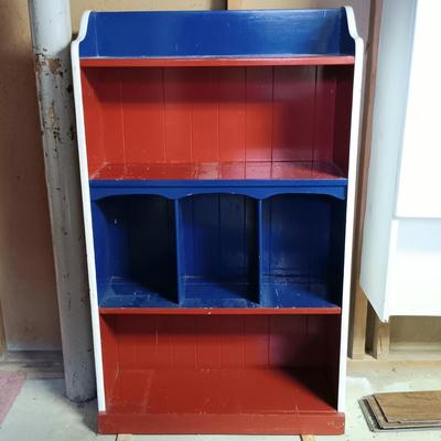 LOT 104B: Red, White and Blue Solid Wood Desk and Set of (2) Bookshelves