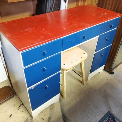 LOT 104B: Red, White and Blue Solid Wood Desk and Set of (2) Bookshelves