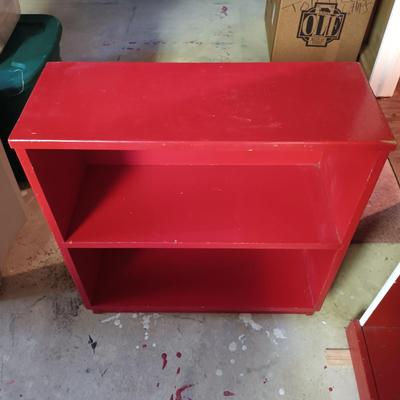 LOT 104B: Red, White and Blue Solid Wood Desk and Set of (2) Bookshelves