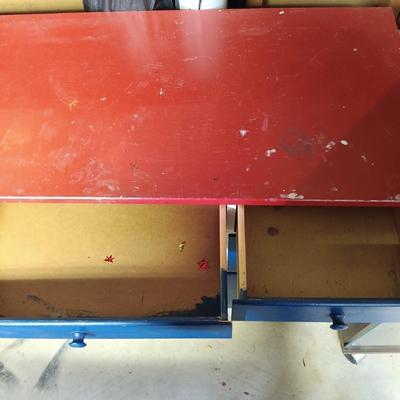 LOT 104B: Red, White and Blue Solid Wood Desk and Set of (2) Bookshelves