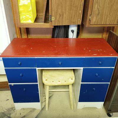 LOT 104B: Red, White and Blue Solid Wood Desk and Set of (2) Bookshelves