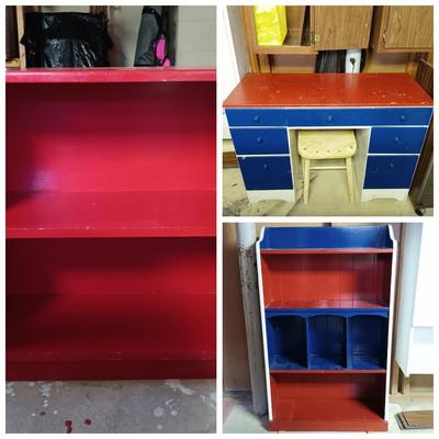 LOT 104B: Red, White and Blue Solid Wood Desk and Set of (2) Bookshelves