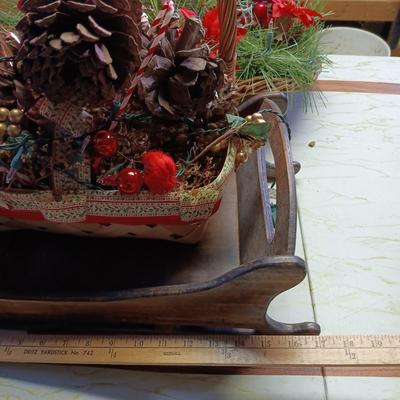 LOT 105B: Basement Finds- Wood 17" Sleigh w/ Vintage Baskets and Crafting Supplies