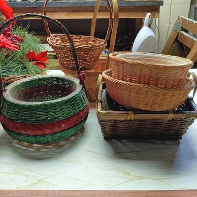 LOT 105B: Basement Finds- Wood 17" Sleigh w/ Vintage Baskets and Crafting Supplies