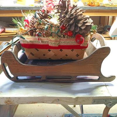 LOT 105B: Basement Finds- Wood 17" Sleigh w/ Vintage Baskets and Crafting Supplies