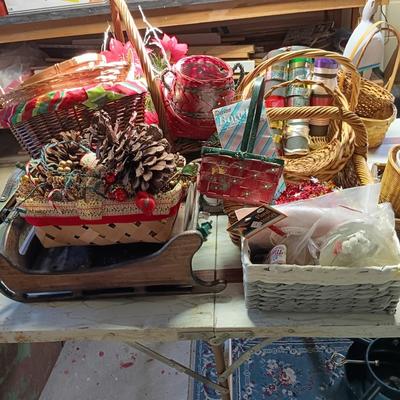 LOT 105B: Basement Finds- Wood 17" Sleigh w/ Vintage Baskets and Crafting Supplies