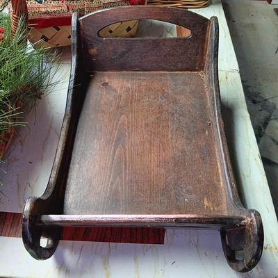LOT 105B: Basement Finds- Wood 17" Sleigh w/ Vintage Baskets and Crafting Supplies
