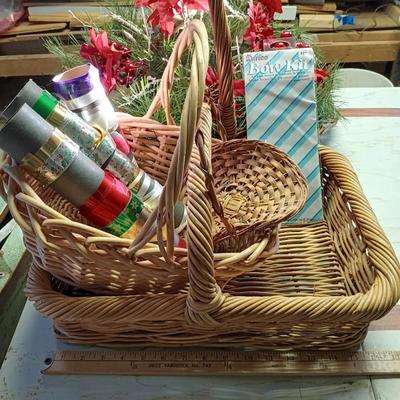 LOT 105B: Basement Finds- Wood 17" Sleigh w/ Vintage Baskets and Crafting Supplies