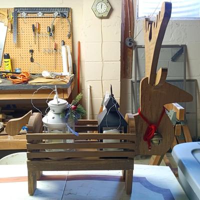LOT 106B: Country Primitive Wood Christmas Decor, Reindeer Crate, Candles & Lanterns