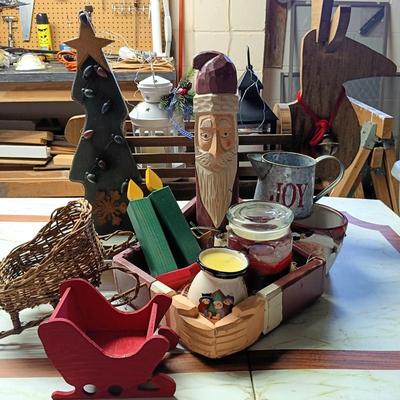 LOT 106B: Country Primitive Wood Christmas Decor, Reindeer Crate, Candles & Lanterns