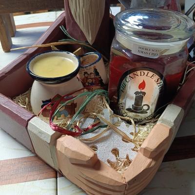 LOT 106B: Country Primitive Wood Christmas Decor, Reindeer Crate, Candles & Lanterns