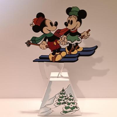 LOT 107B: Vintage Fiber Optic Christmas Village, Mickey and Minnie Ski Pendulum, Stained Glass Decor & Cat Ornaments